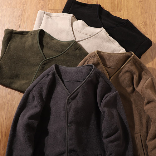秋冬双面摇粒绒宽松休闲无领夹克