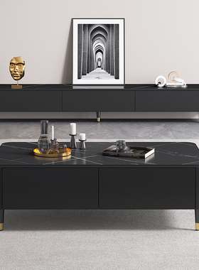 电视柜落地茶几组合高55cm客厅家用现代简约黑色岩版实木电视机柜