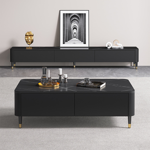 电视柜落地茶几组合高55cm客厅家用现代简约黑色岩版实木电视机柜