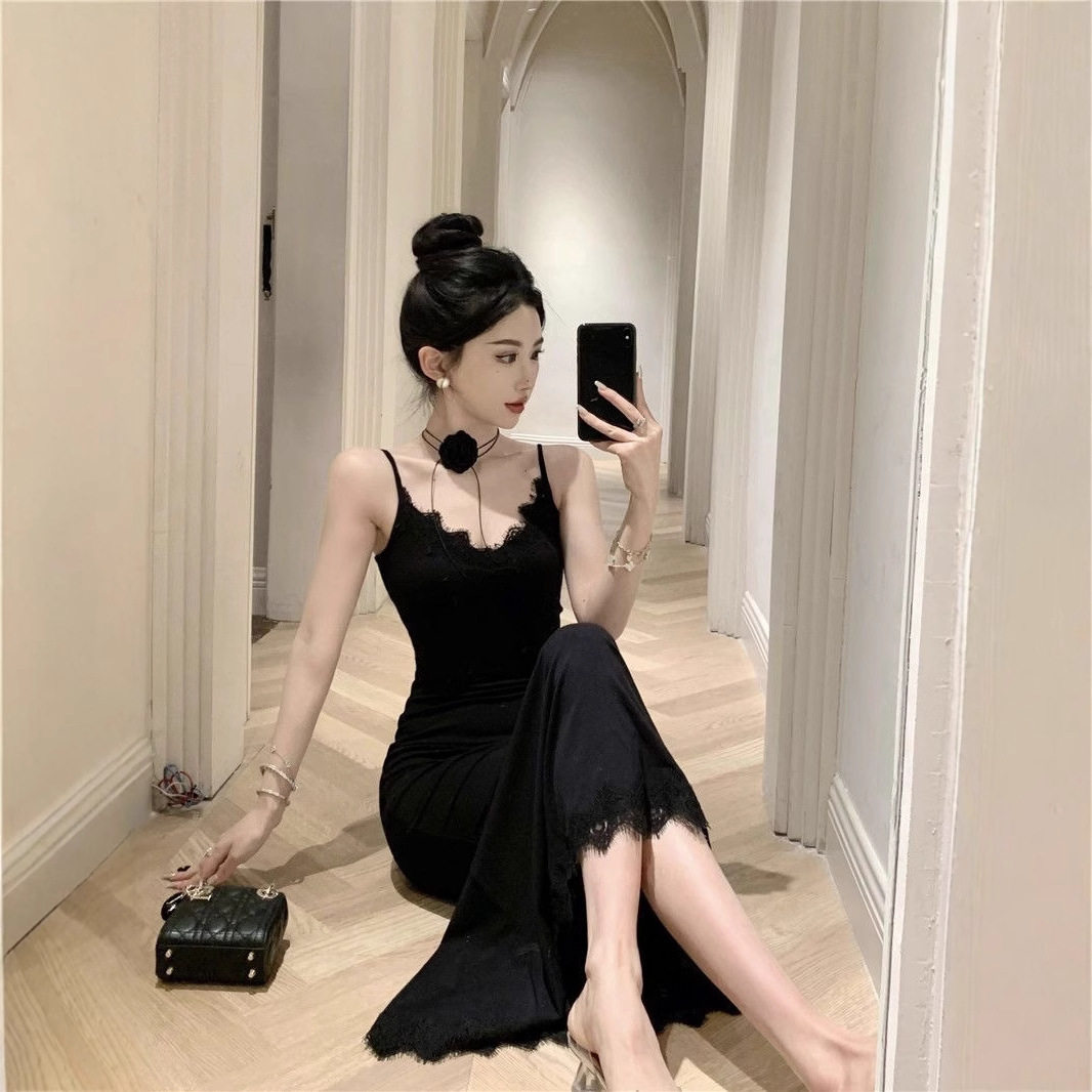 黑色吊带连衣裙夏季超仙内搭蕾丝鱼尾修身显瘦收腰小妈气质长裙子