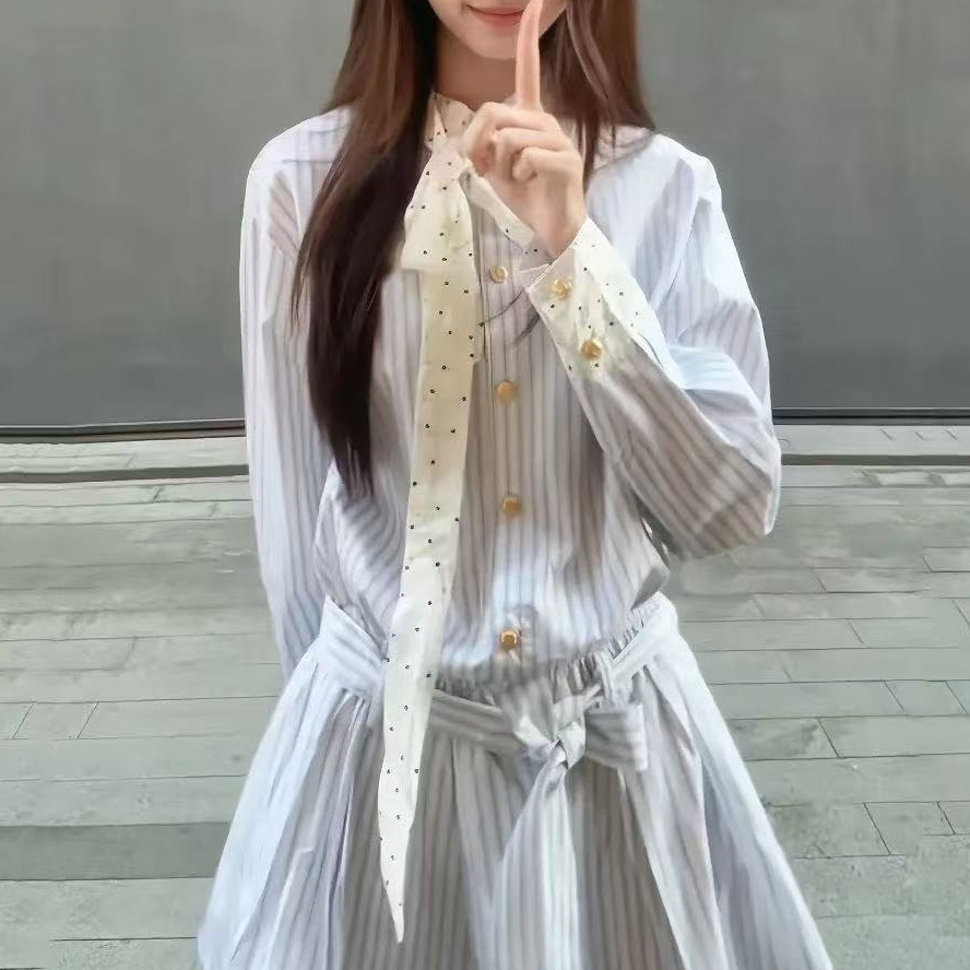 设计感拼接撞色条纹连衣裙女装秋季新款长袖收腰显瘦A字衬衫裙子