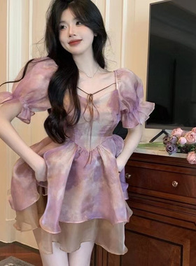 【隐形拉链】紫色扎染蓬蓬裙子夏季新款复古洋气惊艳绝美连衣裙