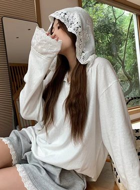 宋正恩白色蕾丝拼接防晒长袖t恤女装早秋新款连帽宽松设计感上衣