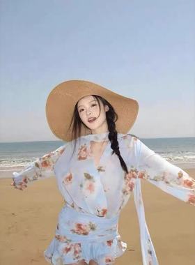 蓝色飘带印花小众v领长袖衬衫连衣裙度假风优雅气质小众25年新款