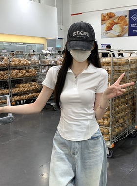 夏季新款Polo领拉链款修身短袖T恤女韩版鱼骨线条弧形收腰上衣ins