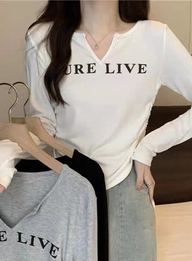 纯棉V领长袖t恤女春秋季新款设计感小众抽绳修身内搭打底短款上衣