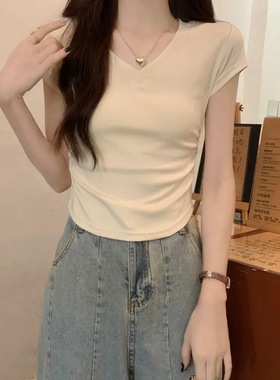 【40支220克92棉8氨纶】正肩V领褶皱不规则下摆设计感修身短袖T恤
