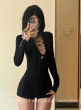 黑色镂空长袖连体衣女秋季小个子内搭修身性感辣妹美式短款连体裤