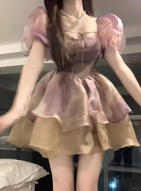 蓬蓬裙连衣裙夏季紫色扎染泡泡袖碎花裙公主裙仙女裙子甜美短裙子