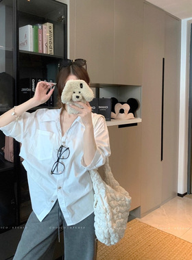 MR【原版品质】老钱风polo领白色衬衫女秋季宽松褶皱收腰衬衣