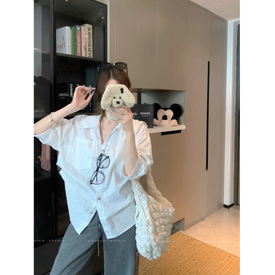 MR【原版品质】老钱风polo领白色衬衫女秋季宽松褶皱收腰衬衣