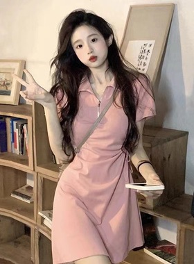 polo领连衣裙女夏季抽绳收腰修身正肩显瘦a字裙小个子短袖裙子