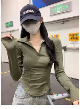 40支1*1螺纹棉美式POLO领百搭鱼骨正肩开抽POLO领修身长袖T恤