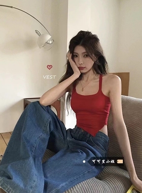 夏季辣妹内搭外穿绿色海边穿搭上衣不规则带胸垫露背小吊带背心女