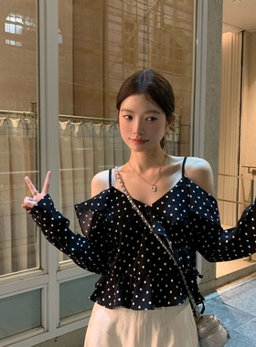 黑色波点一字肩长袖衬衫女春季2025新款小心机露肩别致小众上衣潮