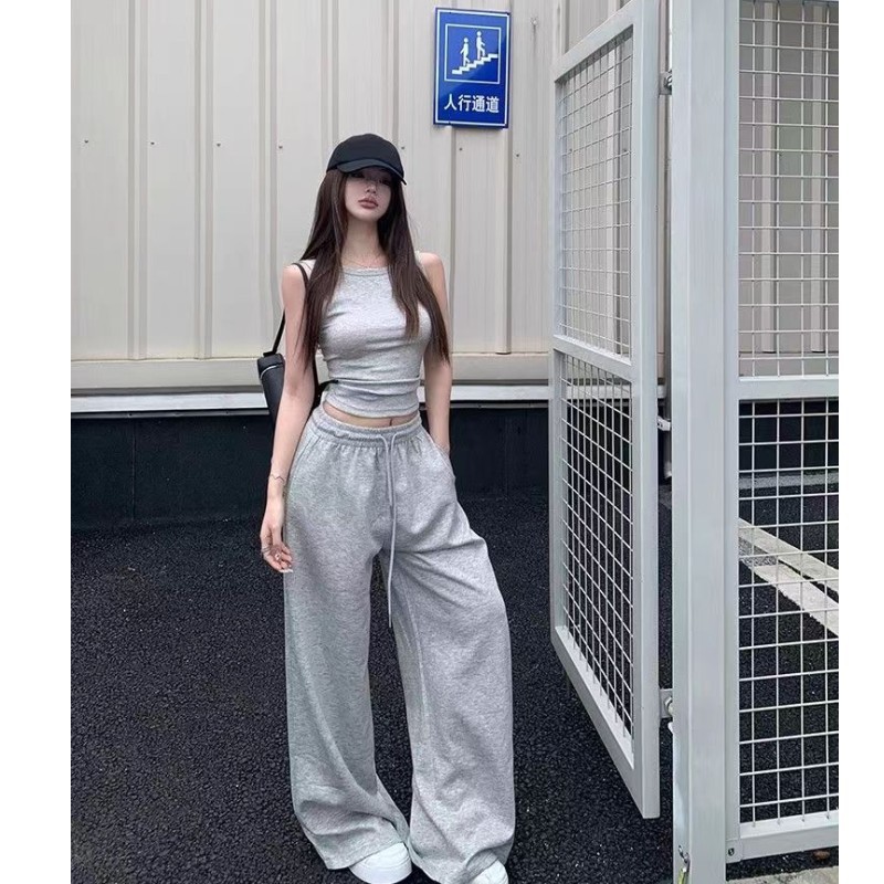 新款女装灰色运动裤女高腰宽松显瘦阔腿直筒休闲裤抽绳美式卫裤