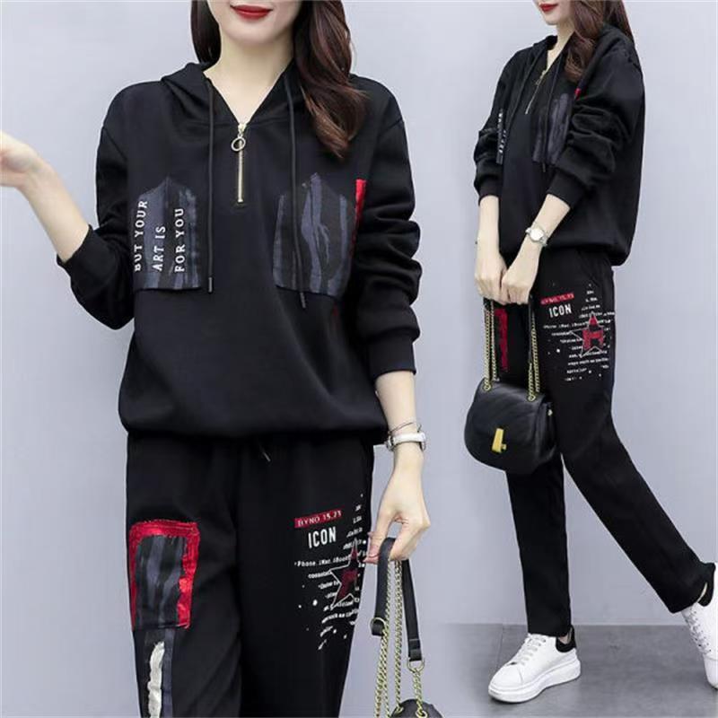 2025年胖mm春秋新款大码宽松连帽印花休闲运动服套装女韩版两件套
