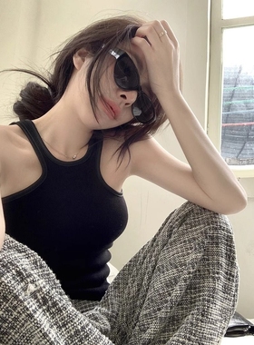 黑色挂脖工字吊带小背心女夏季无袖外穿性感美背辣妹短款热辣上衣