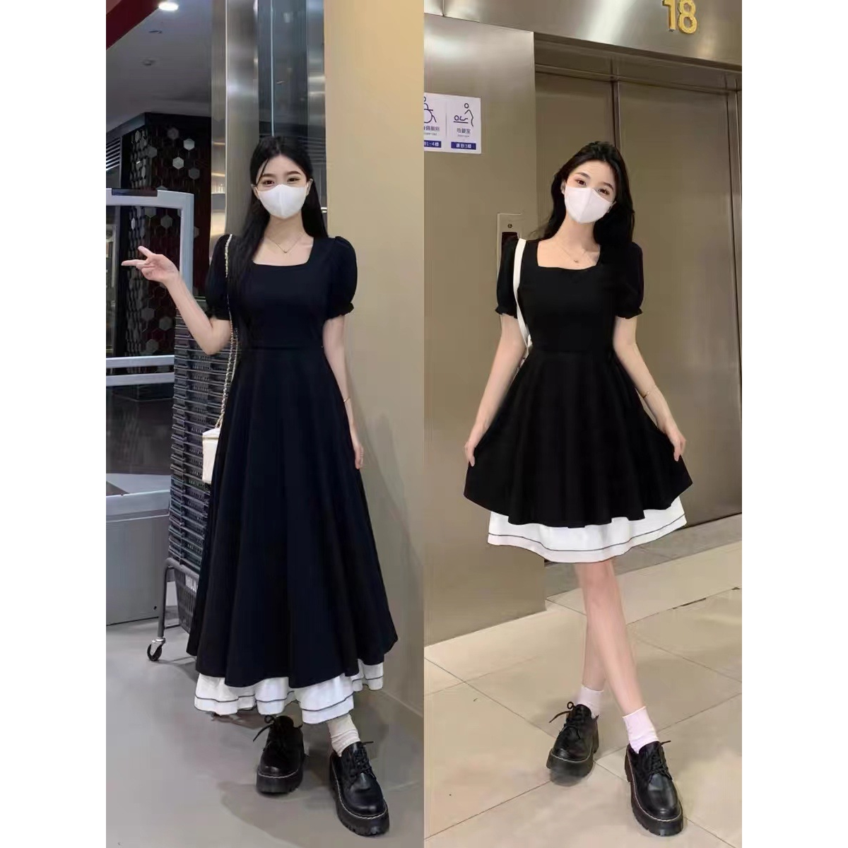 【拉链+内里】松本丧丧显瘦A字连衣裙黑天鹅撞色短袖裙小黑裙