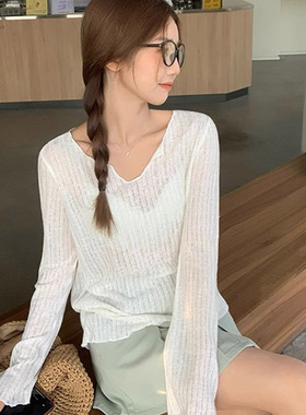 官图实价 夏法式微透V领长袖女纯欲薄防晒罩衫宽松T恤上衣空调衫