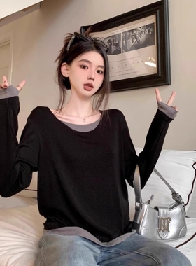 黑色假两件宽松长袖上衣女士秋冬2024新款小众撞色打底衫休闲t恤