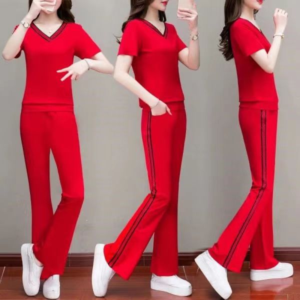 运动微喇叭裤套装女夏季2025新款韩版短袖V领卫衣休闲服两件套潮