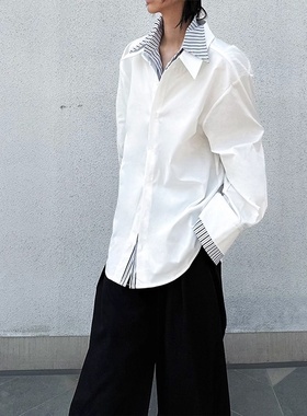 春秋季海岛热恋小众条纹撞色衬衫男假两件拼接设计感男模风衬衣