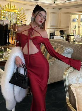 OUTFlT STUDIO 欧美辣妹风红色镂空挂脖连衣裙女夏季礼服长裙