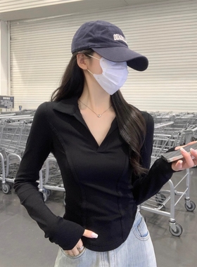 40支1*1螺纹棉美式POLO领百搭鱼骨正肩开抽POLO领修身长袖T恤