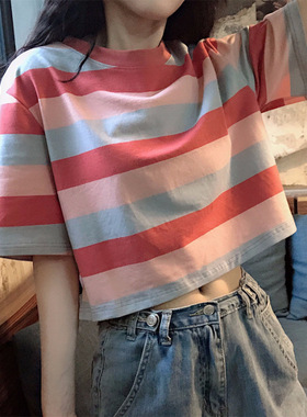 夏季新款韩版宽松彩虹条纹短袖T恤女学生短款露脐百搭上衣潮