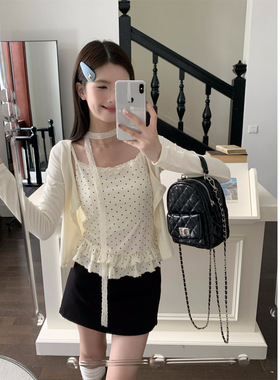 MR【原版品质】蕾丝拼接杏色波点吊带背心女装秋季长袖开衫两件套