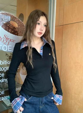 MR【天猫质量】假两件格纹拼接polo领衬衫秋季黑色长袖内搭打底上