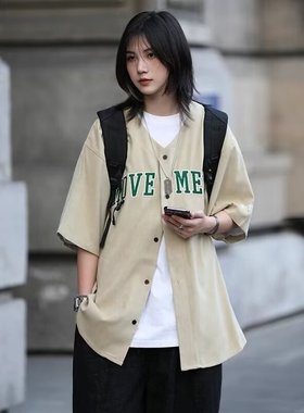 夏季印花短袖衬衫男女V领棒球服潮牌hiphop日系复古半袖叠穿衬衣