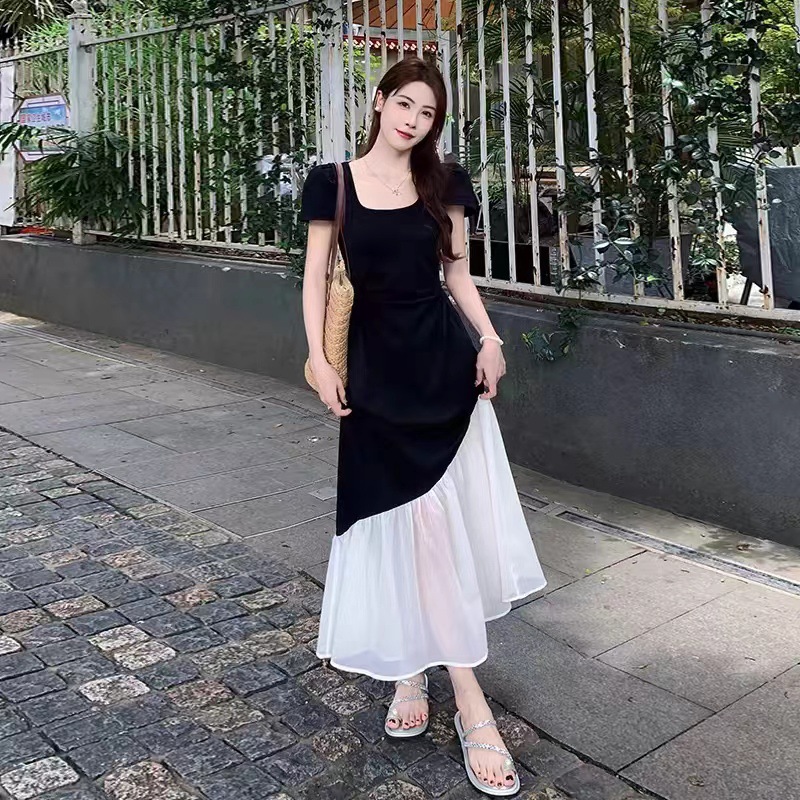 【拉链+下摆珍珠雪纺】法式气质收腰连衣裙女装2024新款夏显瘦长