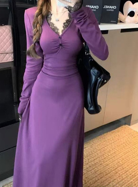 法式设计感蕾丝拼接紫色长袖连衣裙女修身内搭打底御姐包臀长裙子