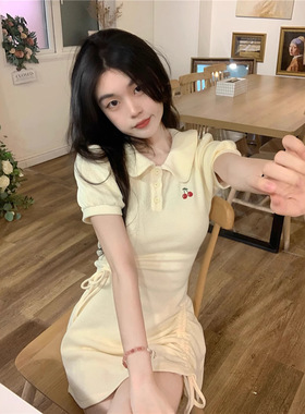 kumikumi小个子减龄POLO领短袖连衣裙女夏季收腰A字裙抽绳短裙子