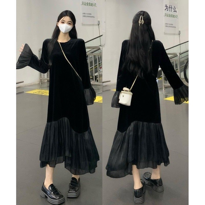 金丝绒连衣裙女秋新款圆领套头收腰显瘦拼接网纱中长款长袖鱼尾裙