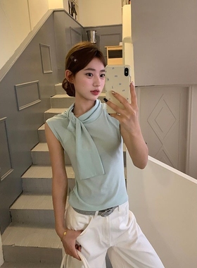 韩系小众设计感绑带绿色短袖t恤女夏季减龄显瘦气质名媛百搭上衣