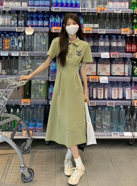 polo领T恤连衣裙女设计感小众夏季韩系温柔别致泡泡袖收腰长裙子