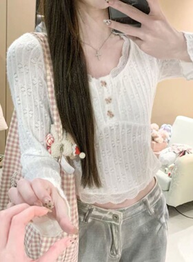 白色圆领蕾丝提花上衣女早春甜美温柔风蝴蝶结叠穿打底短款T恤