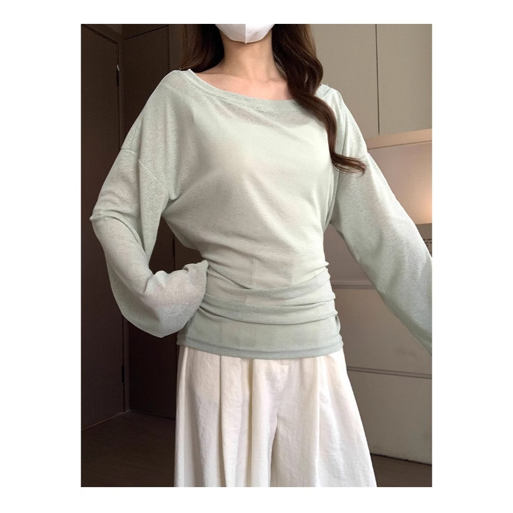 绿色防晒罩衫T恤女夏季薄款微透长袖辣妹性感绑带收腰露肩上衣ins