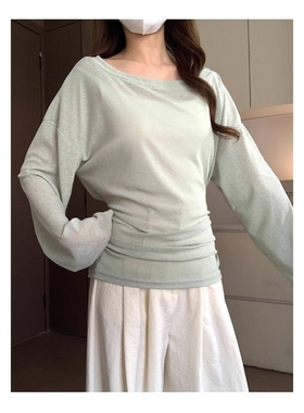绿色防晒罩衫T恤女夏季薄款微透长袖辣妹性感绑带收腰露肩上衣ins