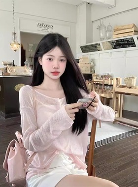 金靓 官图【原版面料】宽松慵懒长袖T恤防晒罩衫女美背镂空上衣