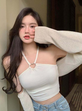 白色挂脖挖肩吊带背心女夏装新款修身性感辣妹短款无袖露脐上衣潮