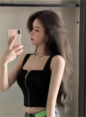 黑色打底吊带小背心女夏季针织西装内搭外穿美背抹胸辣妹拉链上衣