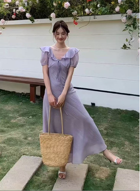 2025法式复古气质高级感紫色系带连衣裙女夏季修身显瘦长裙子