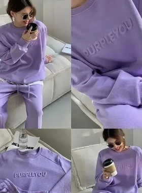 紫色运动休闲套装女2024春秋新款时尚气质宽松卫衣长裤两件套