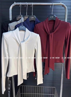 性感纯欲风V领系带长袖T恤女秋季修身显瘦打底衫气质设计感上衣潮