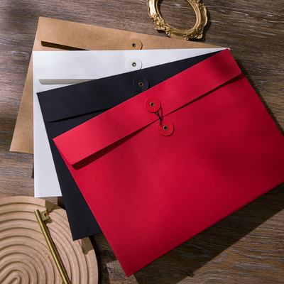 250G横版档案袋可定制文件袋T恤收纳袋复古绑带绕信封袋A4牛皮纸黑卡纸加厚纸质大号收纳袋烫金印LOGO