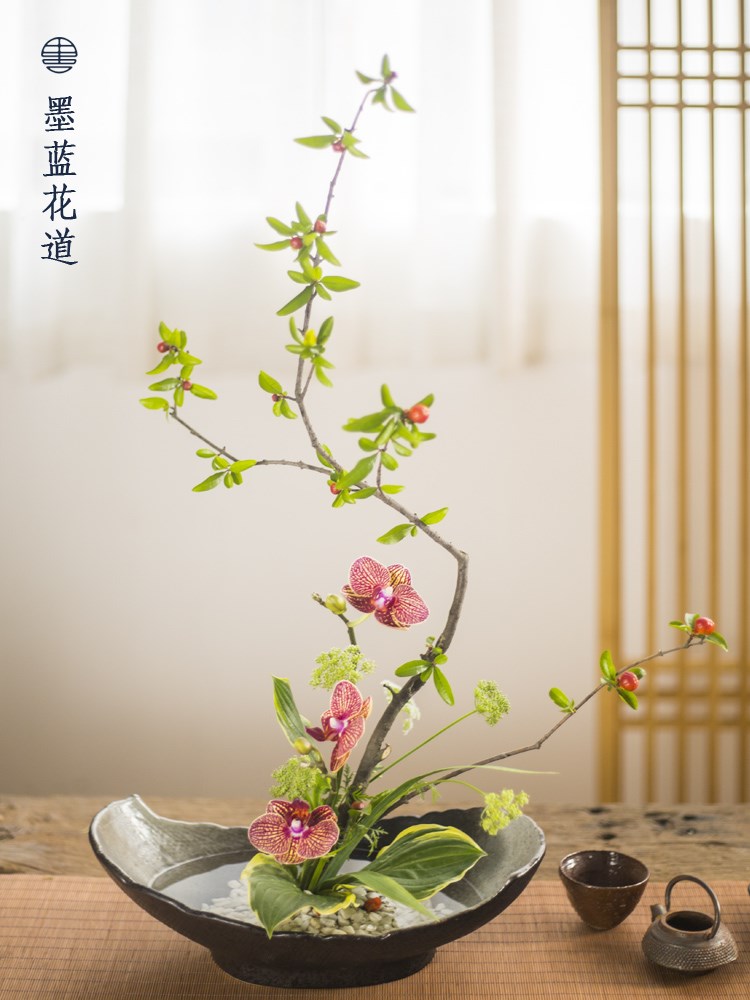 柳叶陶瓷花盘花器禅意中式日式插花器皿剑山插花器花盆小原流花道